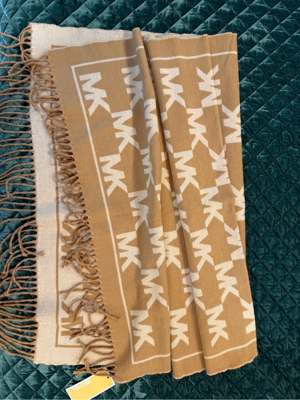 Michael Kors Camel and Cream MK Monogram Fringe Wrap